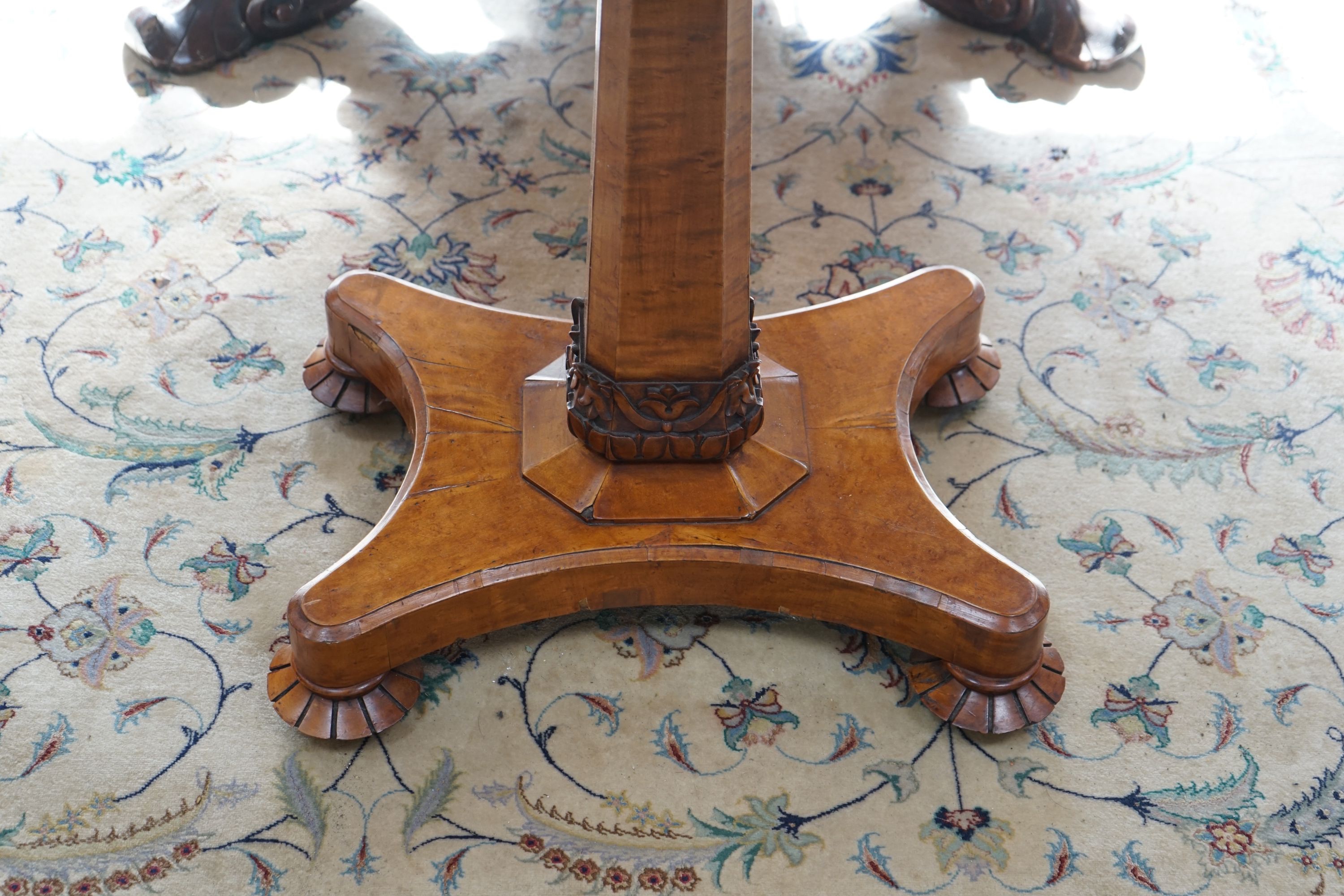 A William IV birds-eye maple card table on octagonal column, W 92, D 45, H 74 cm